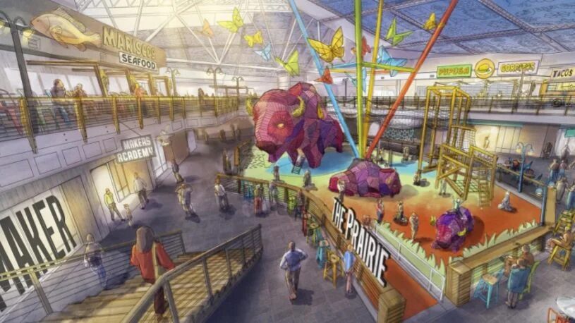 Architect's rendering of the renewed Crossroads site: an indoor market hall with a bison sculpture, a Makers Academy and food stalls