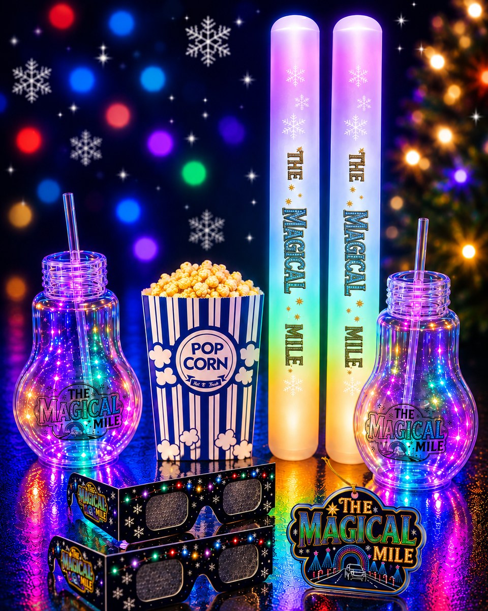 The All the Magic bundle: two light-up bulb cups, a large popcorn, two light-up wands, Magic Glasses and a Magical Mile ornament