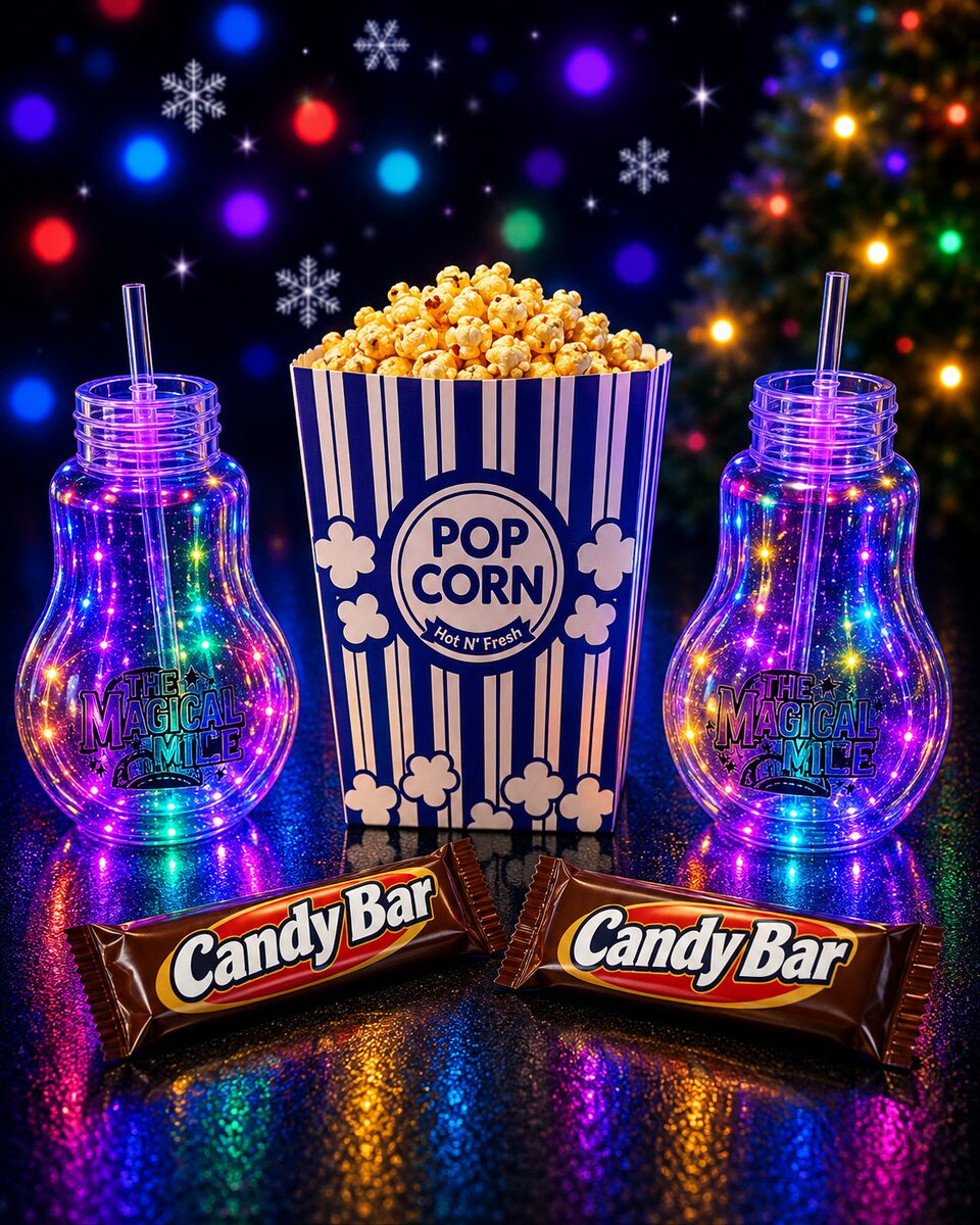 The Magical Munchies bundle: two light-up bulb cups, a large popcorn and two candy bars