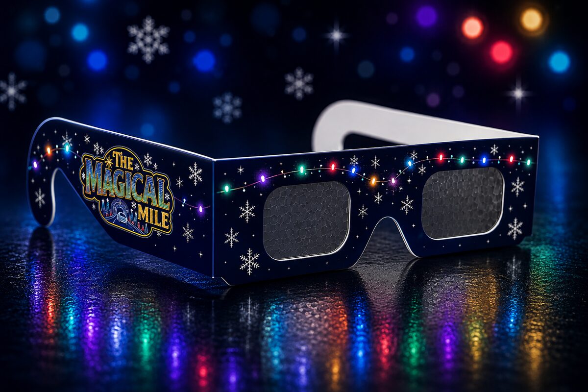 A pair of cardboard Magic Glasses printed with strings of lights and snowflakes