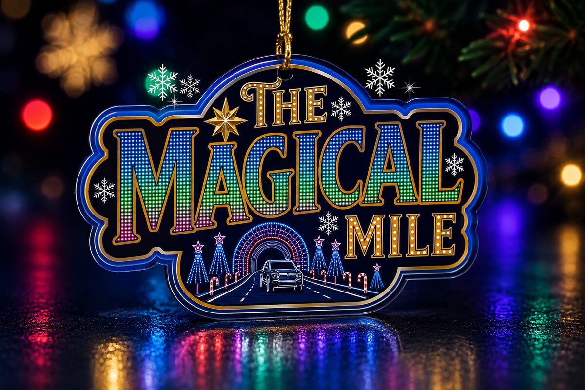 A Magical Mile ornament on a gold string, the logo in pixel lights with a car driving through a light tunnel