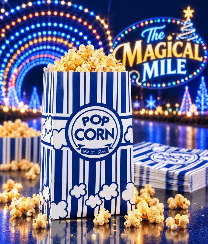 A blue and white striped bag overflowing with popcorn, light arches behind it