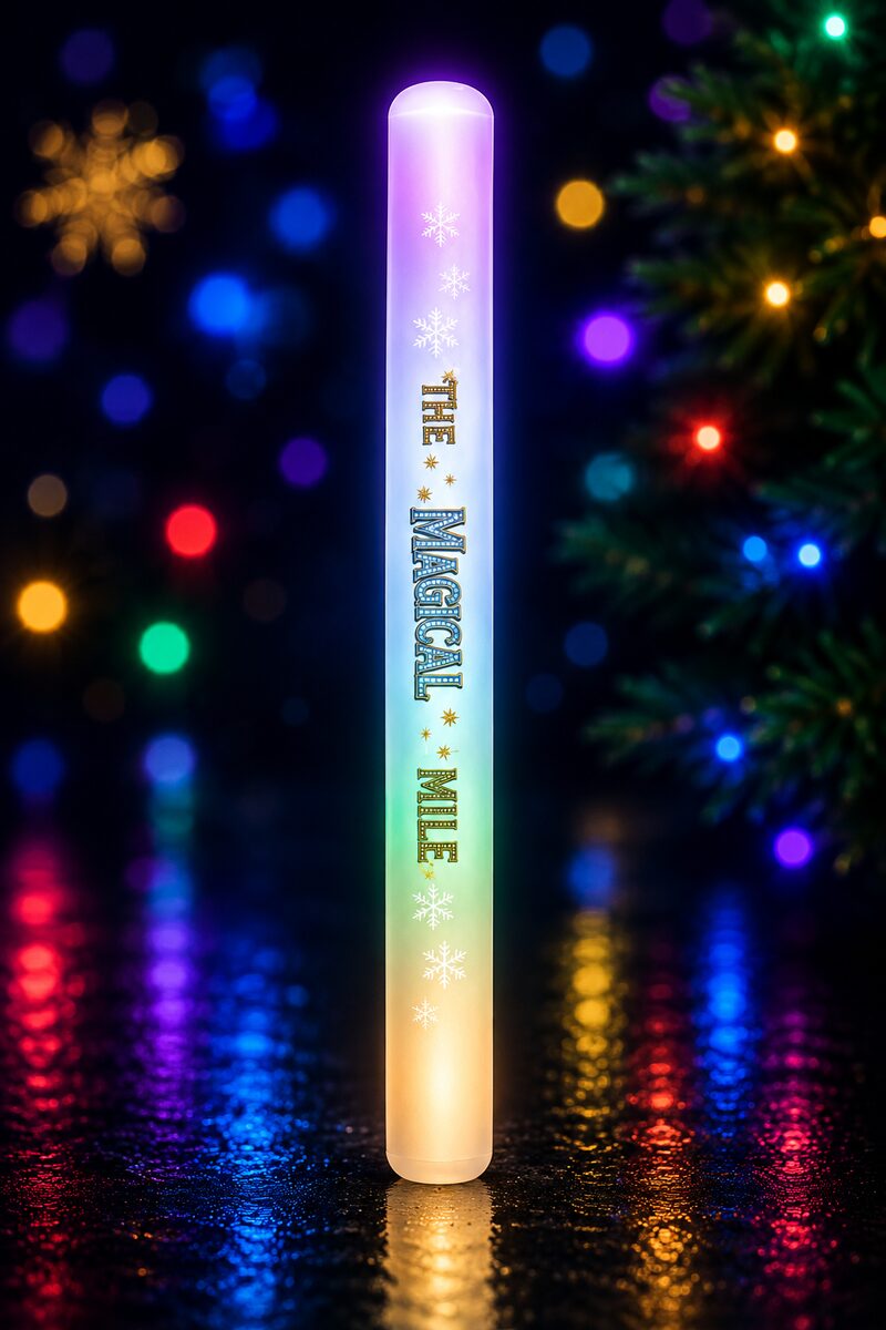 A tall light-up foam wand glowing pink, blue and gold with The Magical Mile printed down its side
